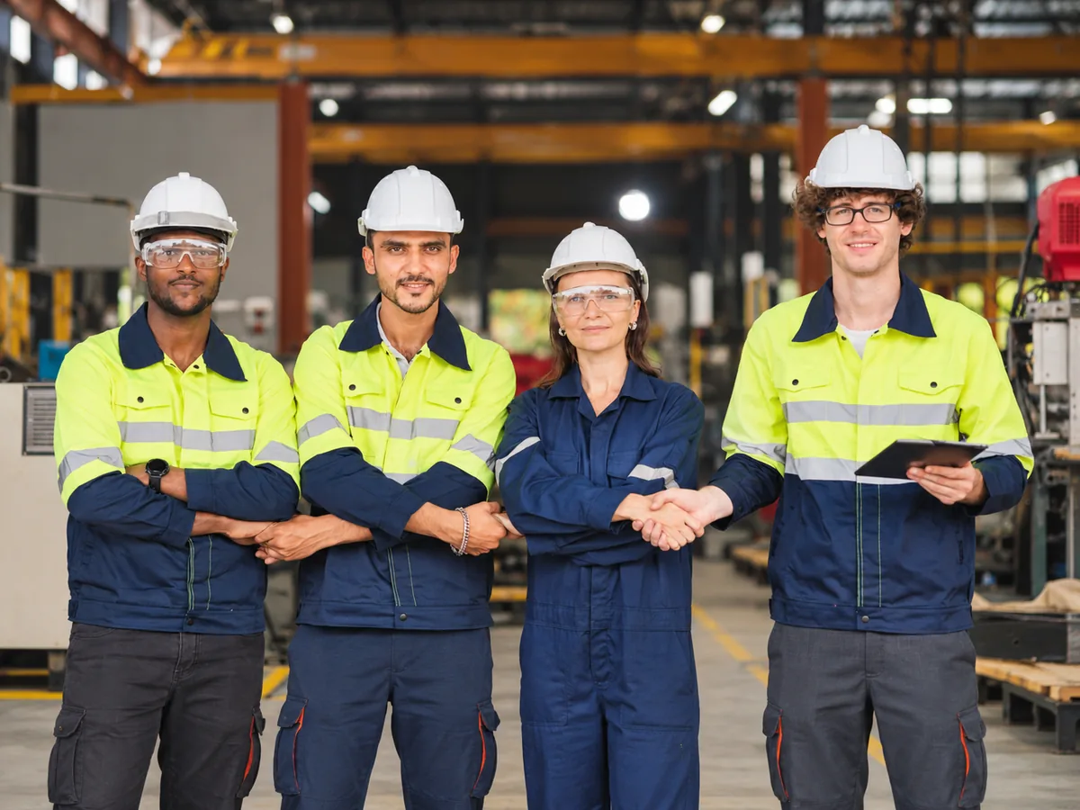 Group of engineers and technicians in hard hats and high-visibility clothing on an industrial site