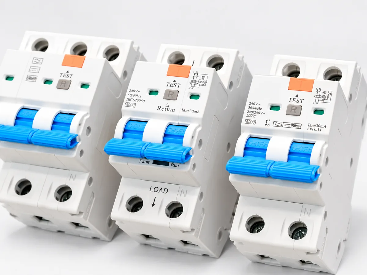 Three modular circuit breakers on a plain light background