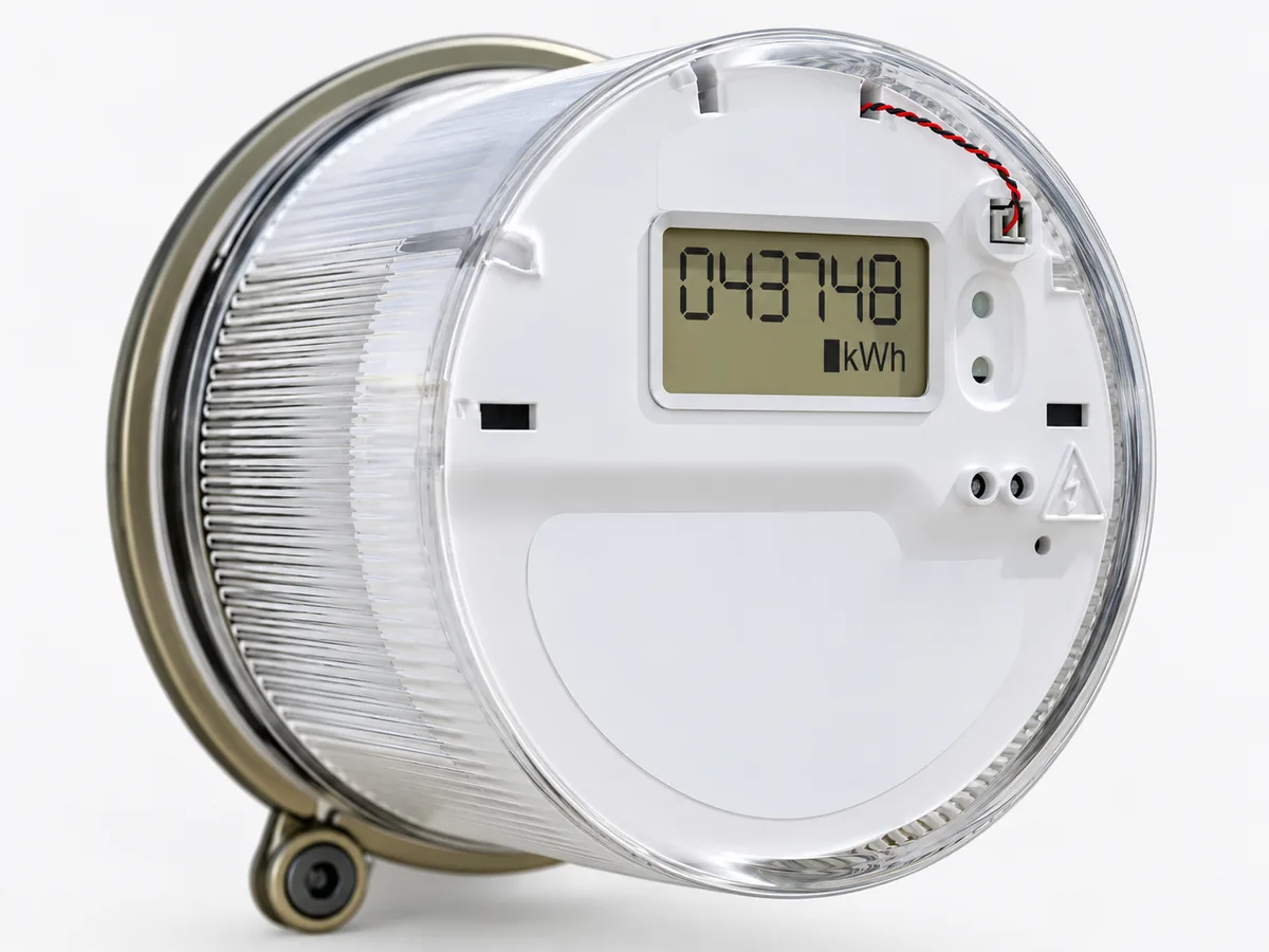 Digital electricity meter with kWh display on a plain light background