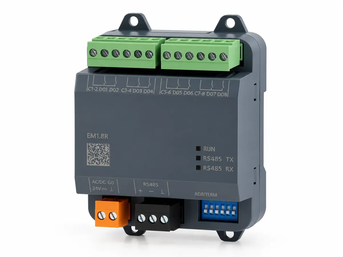 DIN-rail building automation I/O module with terminal blocks