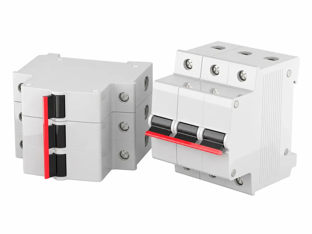 Two modular circuit breakers on a plain light background