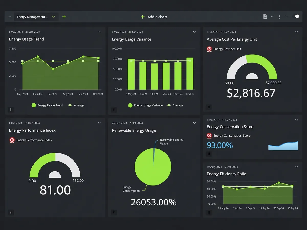 Cloud-based energy reporting dashboard with usage charts and efficiency gauges