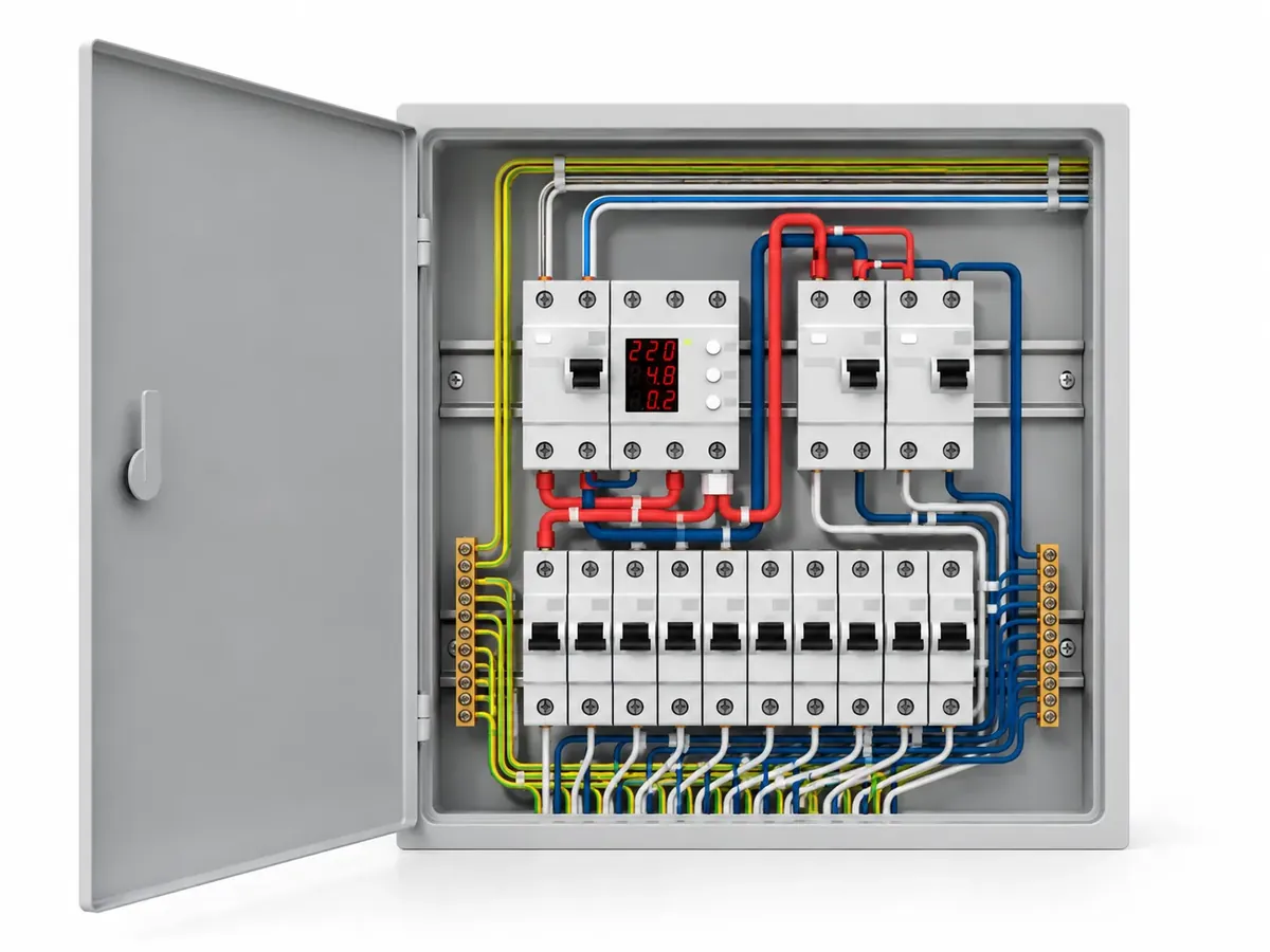 Open distribution board with circuit breakers and colour-coded wiring