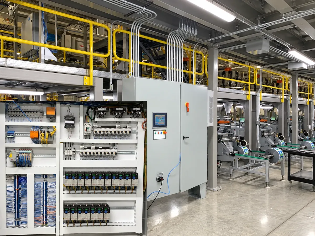 Industrial control panels and cabinets along a factory floor