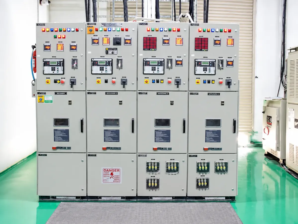 Low-voltage switchgear line-up with indicator lamps and warning labels