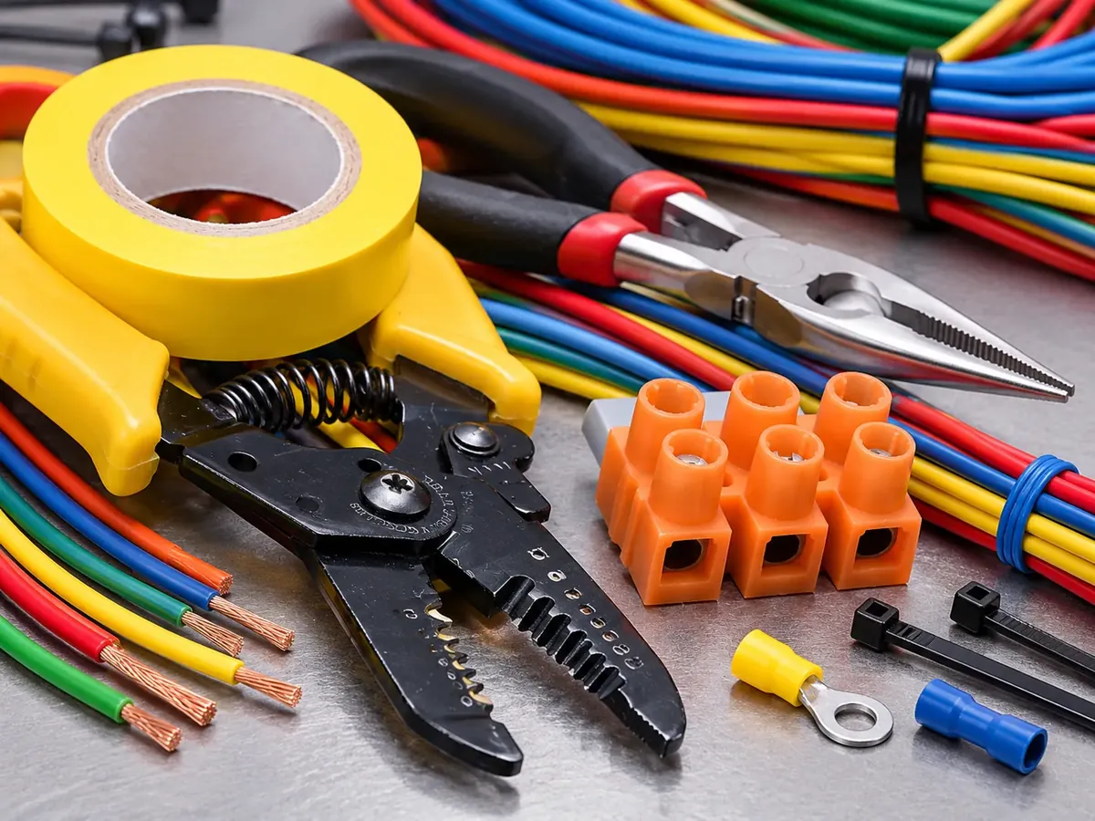 Cable stripper, pliers, insulation tape, connectors and coloured wire